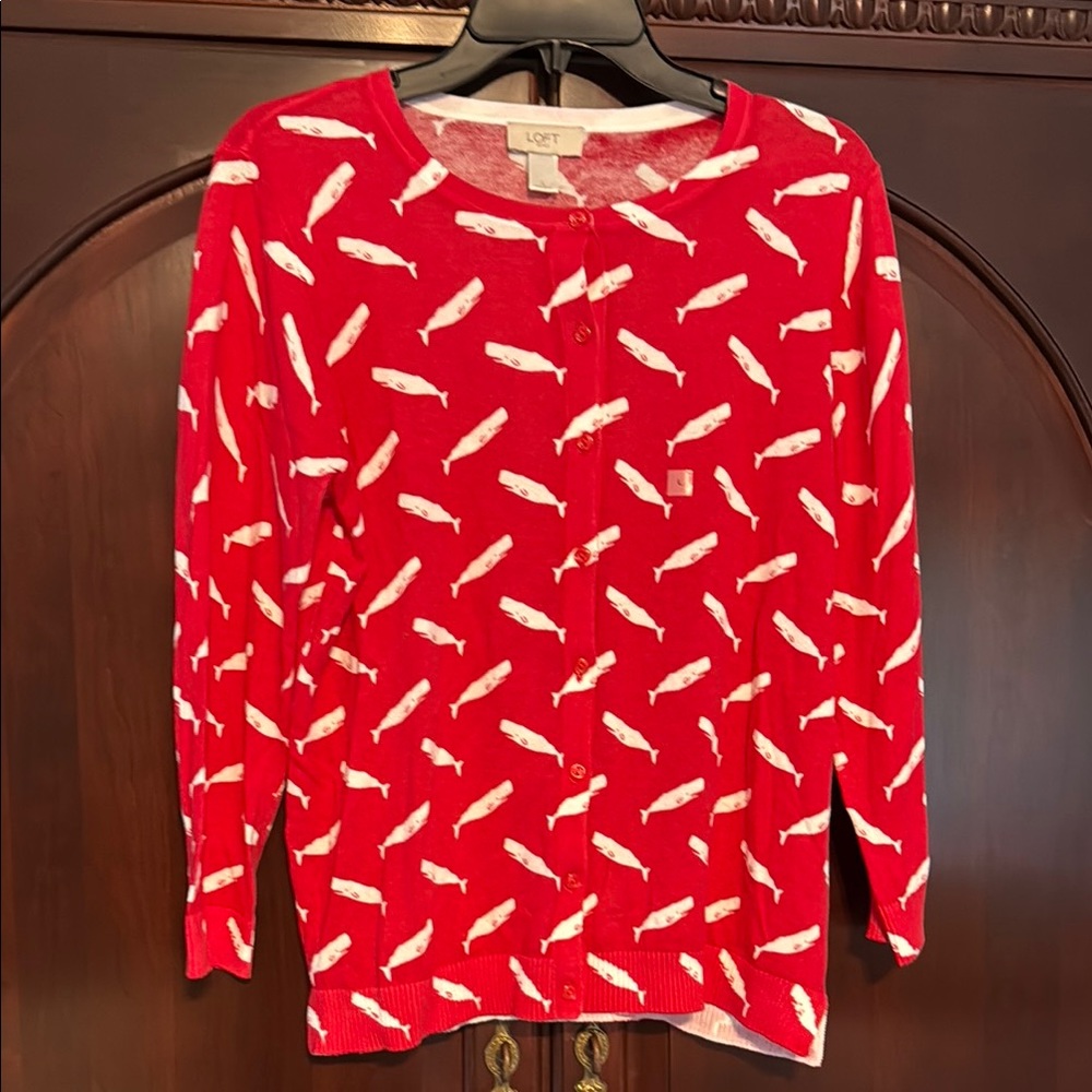 LOFT Red Cardigan with White Whale Pattern